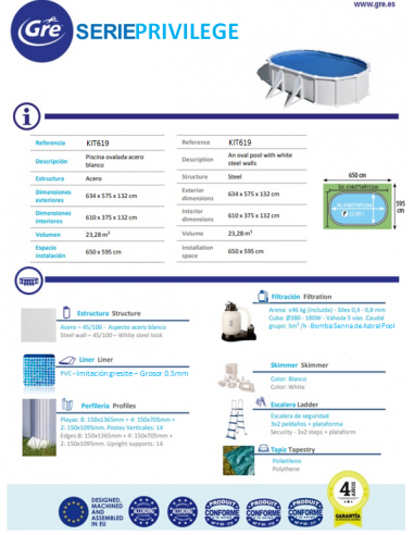 Piscina desmontable GRE Ovalada serie Privilege 610 x 375 x 132