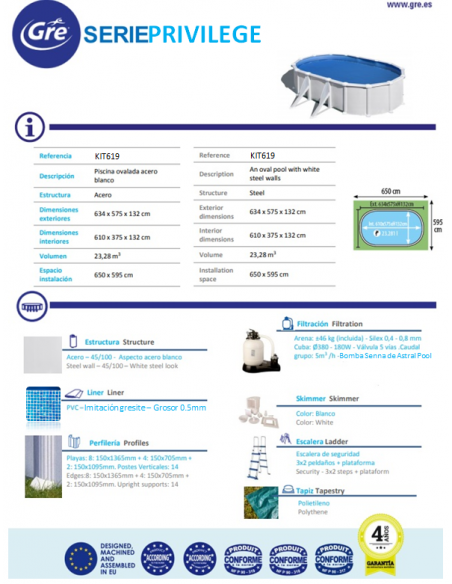 Piscina desmontable GRE Ovalada serie Privilege 610 x 375 x 132