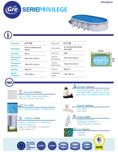 Piscina Gre Ovalada serie Privilege 730 x 375 x 132 SAT Oficial