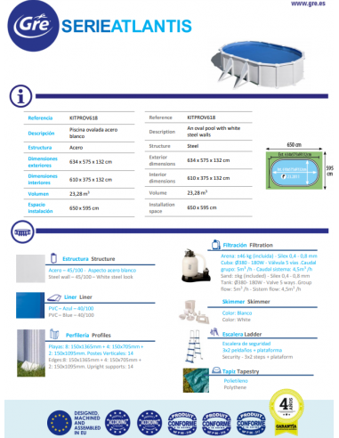 Piscina GRE Ovalada Serie Atlantis 610 x 375 x 132 GRE