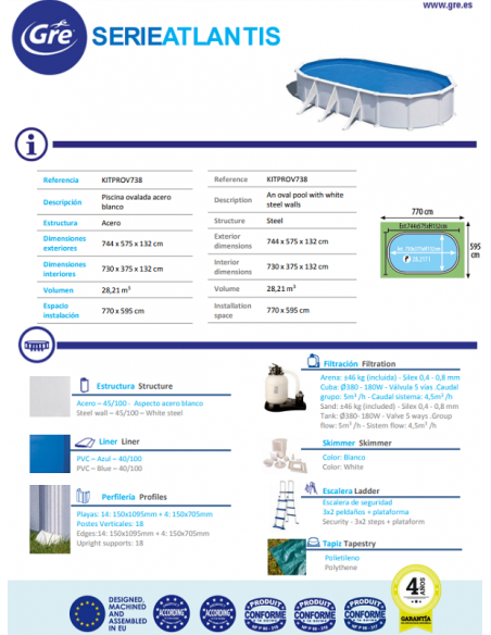 Piscina GRE Ovalada Serie Atlantis 730 x 375 x 132 / SAT Oficial