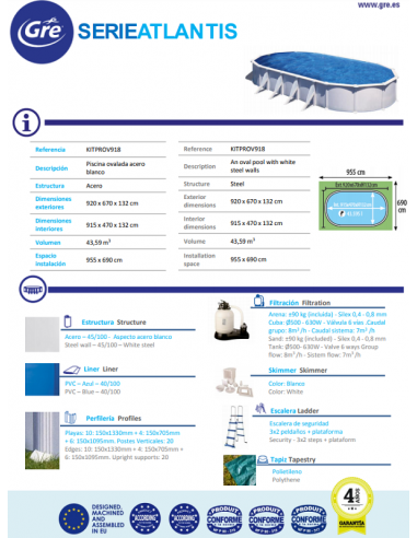 Piscina GRE Ovalada Serie Atlantis 915 x 470 x 132 / SAT Oficial