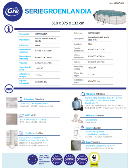 Piscina GRE ovalada serie Groenlandia 610 x 375 x 132 GRE