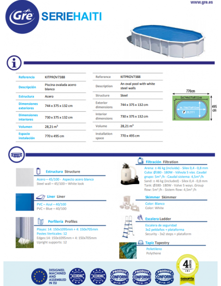 Piscina GRE Ovalada Serie Haití 730 X 375 X 132 KITPROV7388
