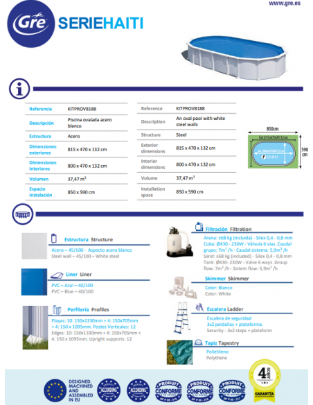 Piscina GRE Ovalada Serie Haití 800 X 470 X 132 KITPROV8188