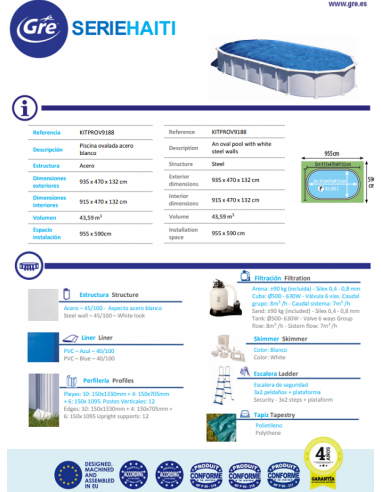 Piscina GRE Ovalada Serie Haití 915 X 470 X 132 KITPROV9188