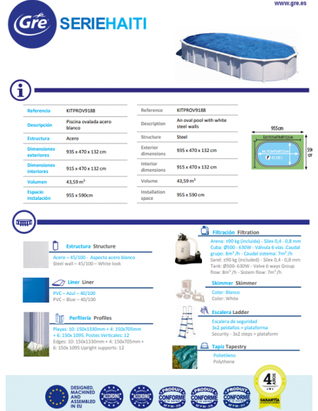 Piscina GRE Ovalada Serie Haití 915 X 470 X 132 KITPROV9188