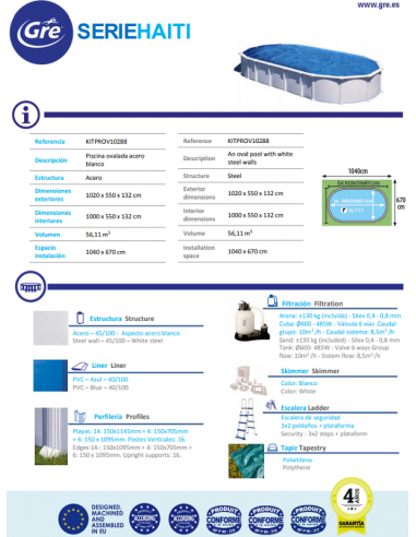 Piscina GRE Ovalada Serie Haití 1000 X 550 X 132 KITPROV10288