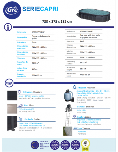 Piscina GRE Ovalada Serie Capri 730 x 375 x 132 KITPROV7388GF