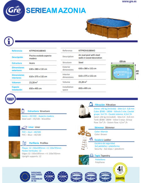 Piscina GRE Ovalada Serie Amazonia 610 x 375 x 132 KITPROV6188WO