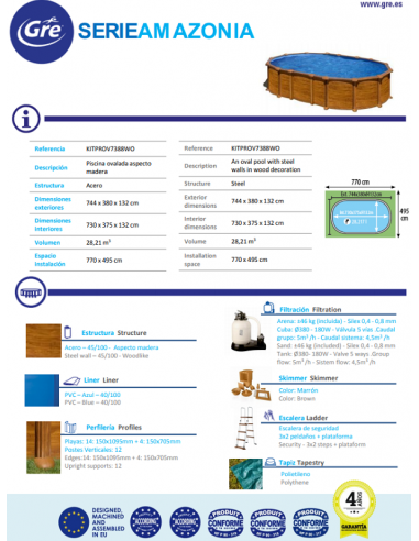 Piscina GRE Ovalada Serie Amazonia 730 x 375 x 132 KITPROV7388WO