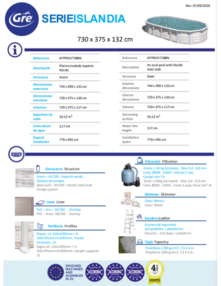 Piscina GRE ovalada serie Islandia 730 x 375 x 132 KITPROV7388N
