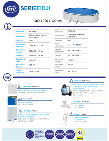 Piscina GRE ovalada serie Fidji 500 x 300 x 120 KIT500ECO