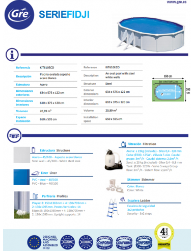 Piscina Gre Ovalada Serie Fidji 610 x 375 x 120. KIT610ECO