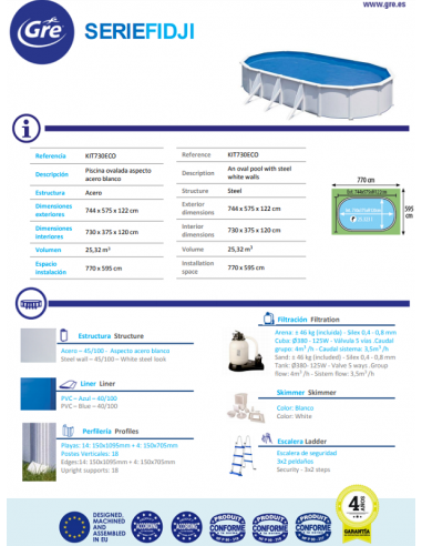 Piscina GRE ovalada serie Fidji 730 x 375 x 120 KIT730ECO