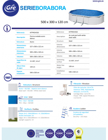 Piscina Gre Ovalada Serie Bora Bora 500 x 300 x 120 KITPROV503