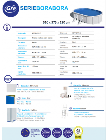 Piscina Gre Ovalada Serie Bora Bora 610 x 375 x 120 KITPROV613