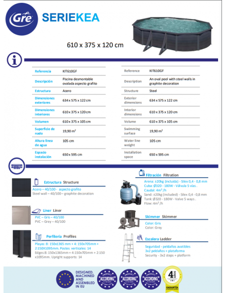 Piscina GRE ovalada serie Kea 610 x 375 x 120 KIT610GF