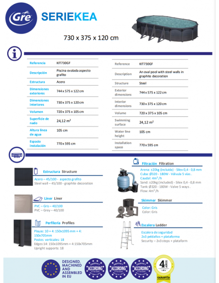 Piscina GRE ovalada serie Kea 730 x 375 x 120 KIT730GF