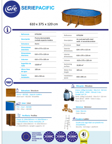 Piscina GRE ovalada serie Pacific 610 x 375 x 120 KIT610W