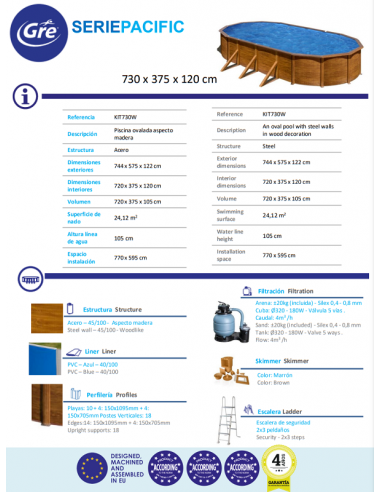 Piscina GRE ovalada serie Pacific 730 x 375 x 120 KIT730W