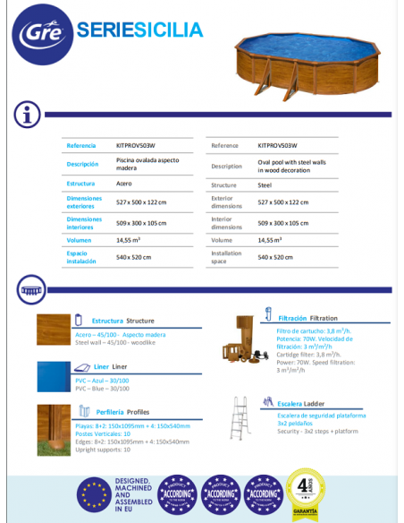 Piscina GRE ovalada serie Sicilia 500 x 300 x 120 KITPROV503W
