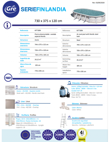 Piscina GRE ovalada serie Finlandia 730 x 375 x 120 KIT730N